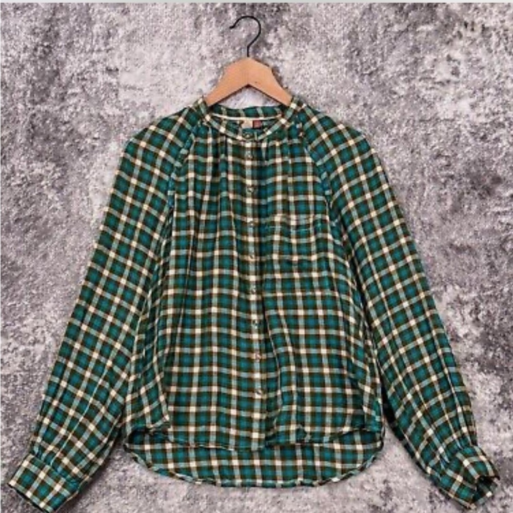 Anthropologie Top Womens Pilcro Green Plaid Wool Lightweight Shirt